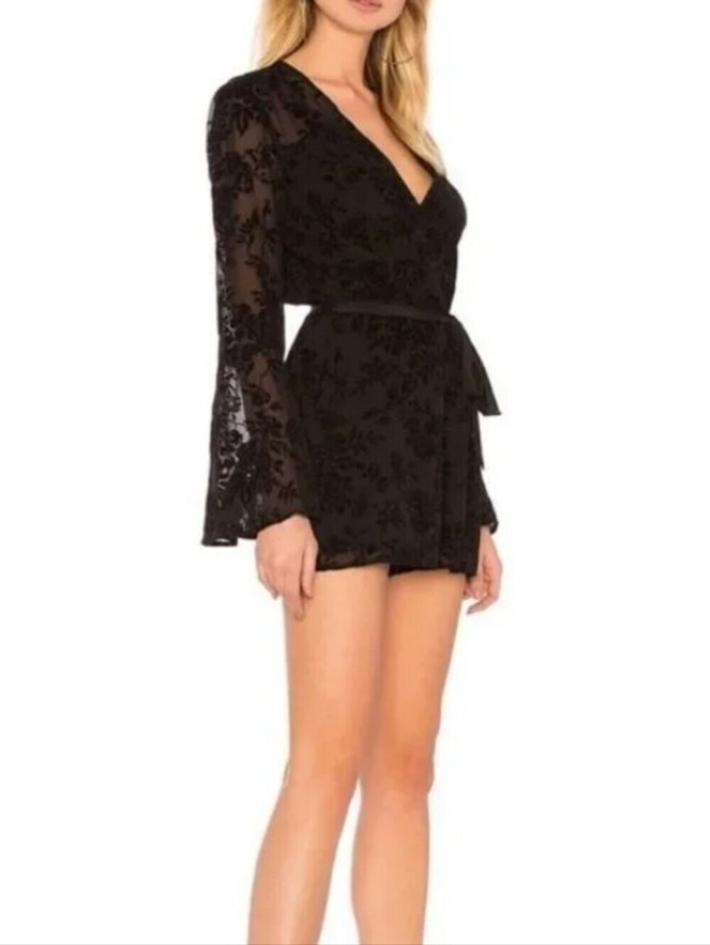 BCBGeneration Black Romper Long Bell Sleeves Velvet Brocade Pattern, size M